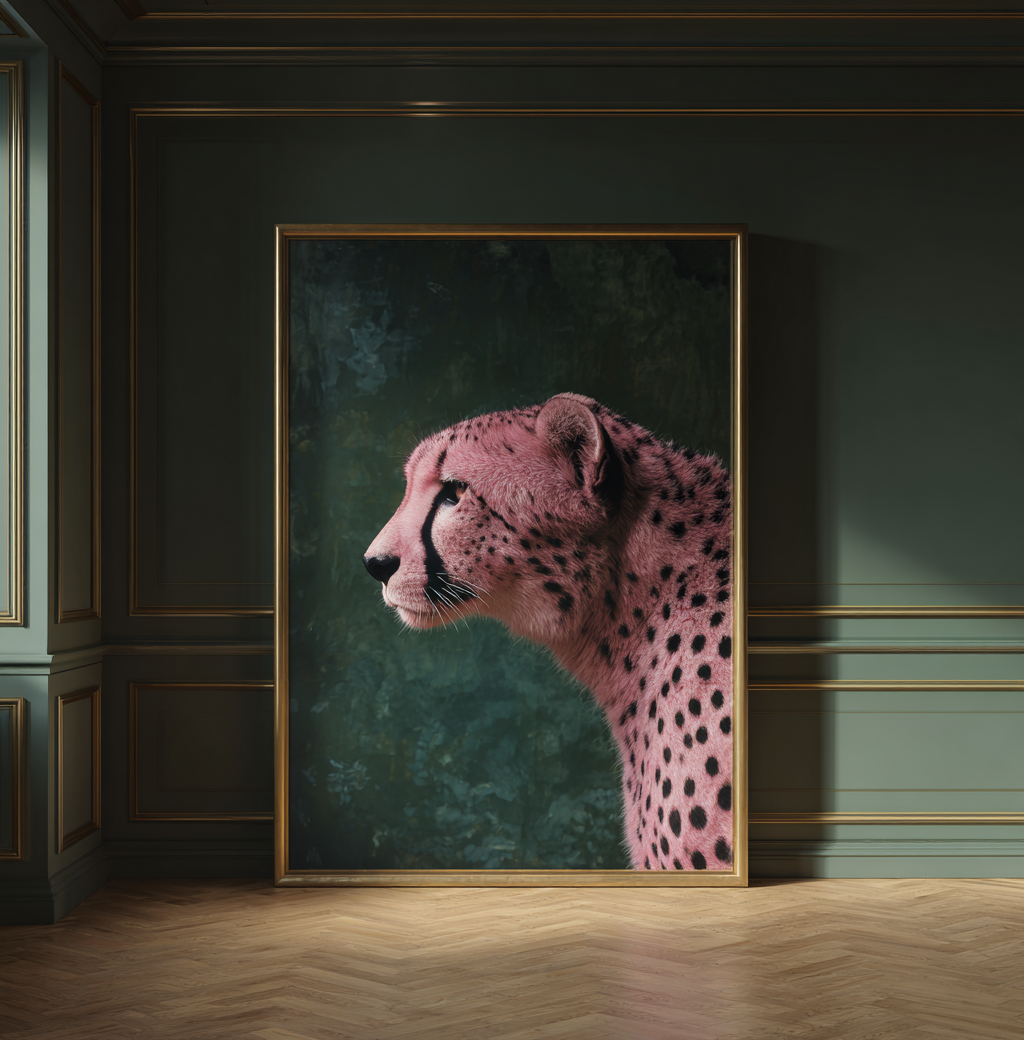 Portrait of a cheetah with pink spots