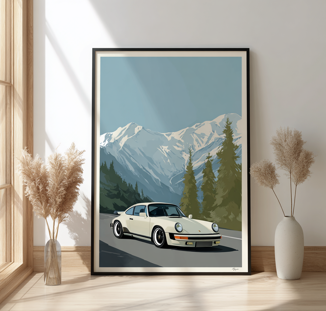 Porsche White with mountains