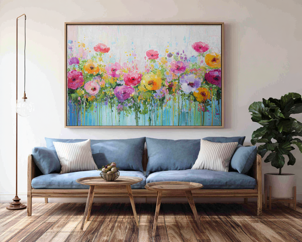 Line of flowers with a rainbow